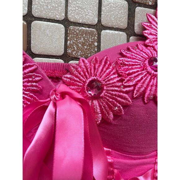 Vintage Y2K Bustier Top | Hot Pink Ribbon & Daisy Appliqué | Fairycore | Size M - Picture 7 of 9